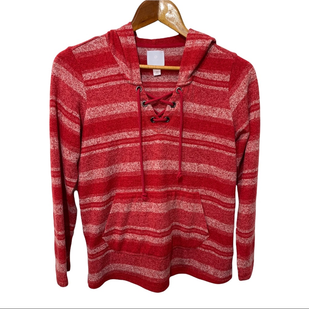 SUNDAY RED AND WHITE STRIPED SOFT LONG SLEEVE LACE UP FRONT HOODED SWEATER SZ XS